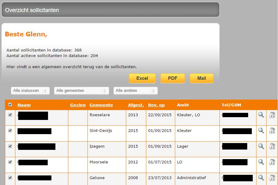 Overzicht alle sollicitanten Selectie mogelijk op ambt/gemeente