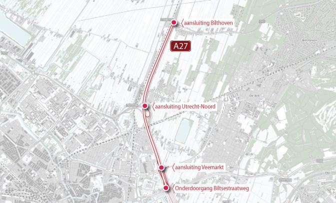 2 Deelgebied 1: A27-Noord Het tracé in het deelgebied A27-Noord is aan de noordzijde begrensd door de aansluiting Bilthoven en aan de zuidzijde bij de onderdoorgang Biltsestraatweg.