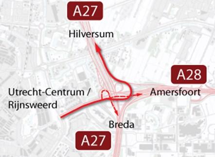 Voordat de parallelrijbaan (met verkeer vanuit Utrecht-Centrum, Hilversum en de aansluiting De Uithof) invoegt (ten oosten van de