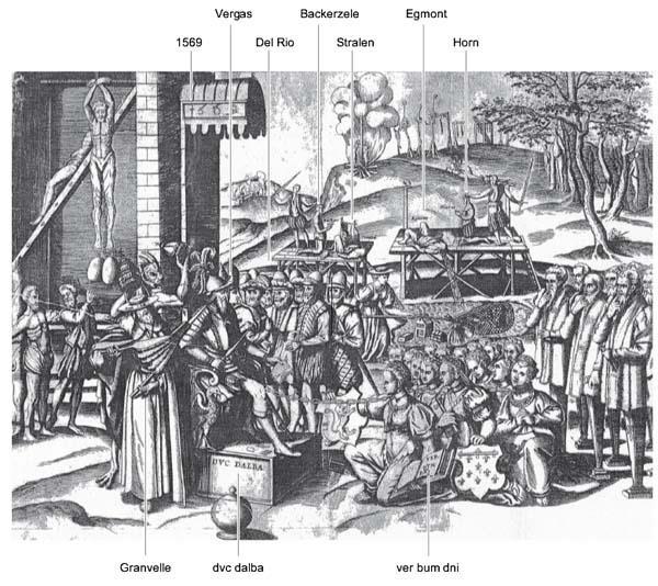 Vraag 25 (H2012-I,5 oud) Bron 16 Een anonieme gravure uit 1569 met als titel: "De treurige onderdrukking van de Nederlanden": Toelichting Egmont, Horn, Backerzele en Stralen: terechtgestelde personen.