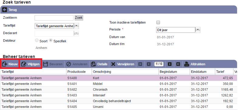 Eventueel nog ontbrekende productcodes voegt u middels de knop Nieuw toe aan de tarieflijst (zie ook figuur 32). Figuur 32: ingevoerde tarieven wijzigen of nieuwe aanbrengen 4.