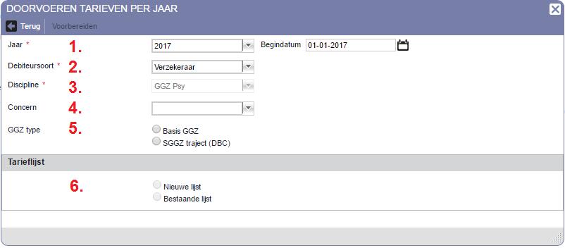 Figuur 2: pop-up doorvoeren tarieven per jaar In dit scherm geeft u de volgende gegevens op: 1. Jaar. Hier geeft u de periode op waarbinnen de tarieven geldig zijn.