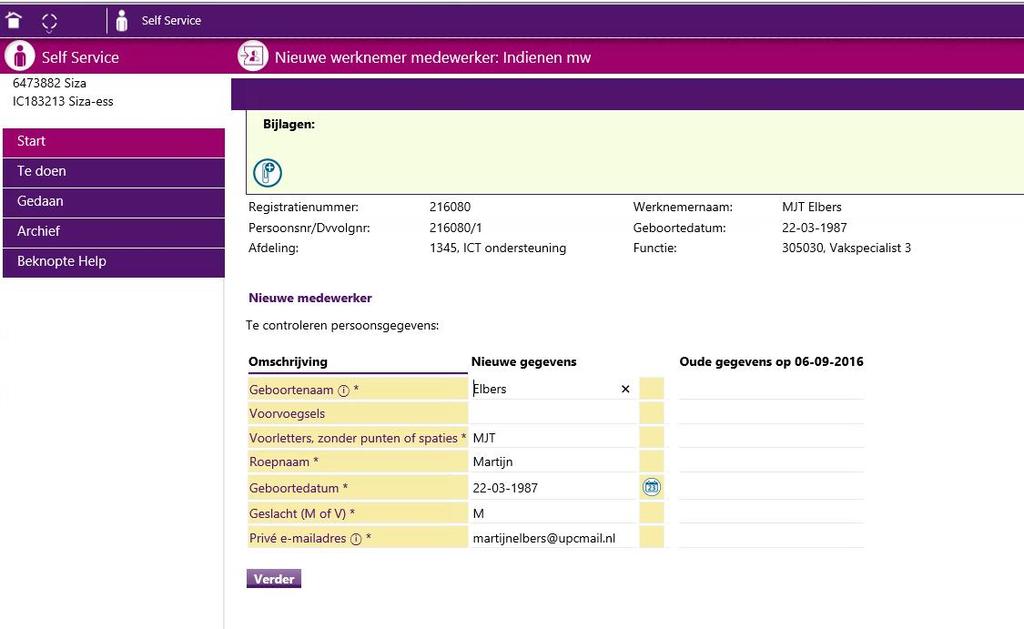 Je leidinggevende/verantwoordelijke heeft deze gegevens ingevuld. Je kunt deze gegevens wijzigen/aanvullen. Als alle gegevens kloppen, klik dan op Verder.