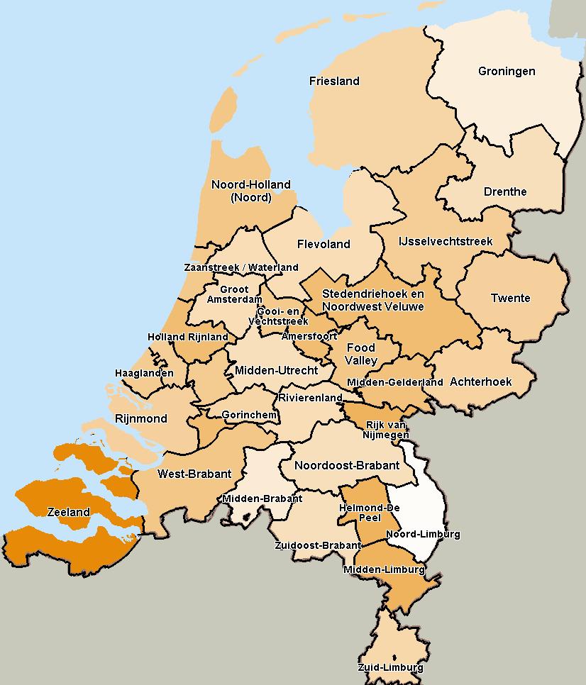 Ontwikkeling per arbeidsmarktregio in het afgelopen kwartaal Nederland is opgedeeld