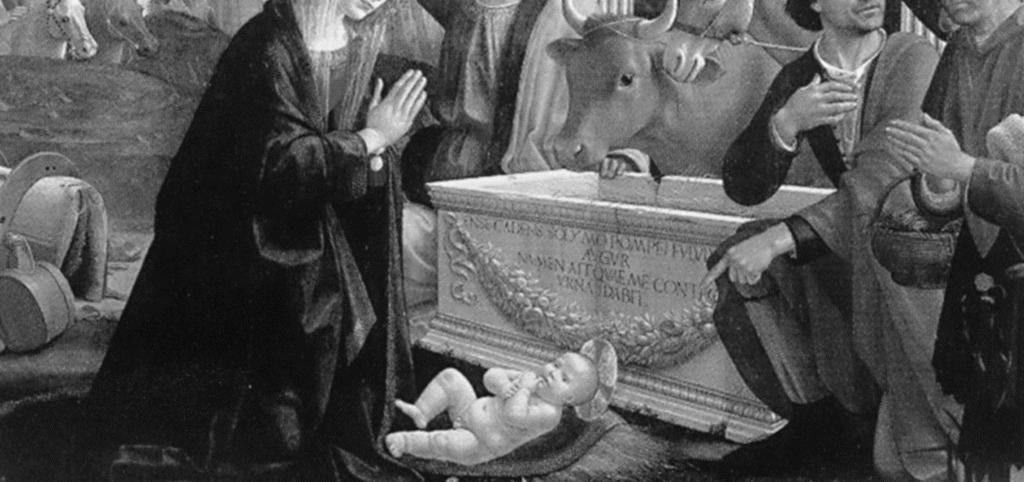 afbeelding toont de pasgeboren Jezus in de stal.
