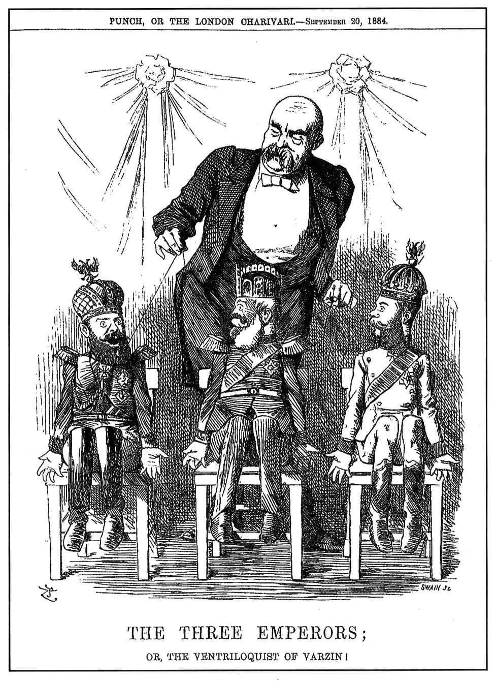 bron 9 Een prent van John Tenniel uit het Britse tijdschrift Punch van 20 september 1884, naar aanleiding van een overleg tussen de drie keizers van de Driekeizersbond, het verdrag tussen Duitsland,