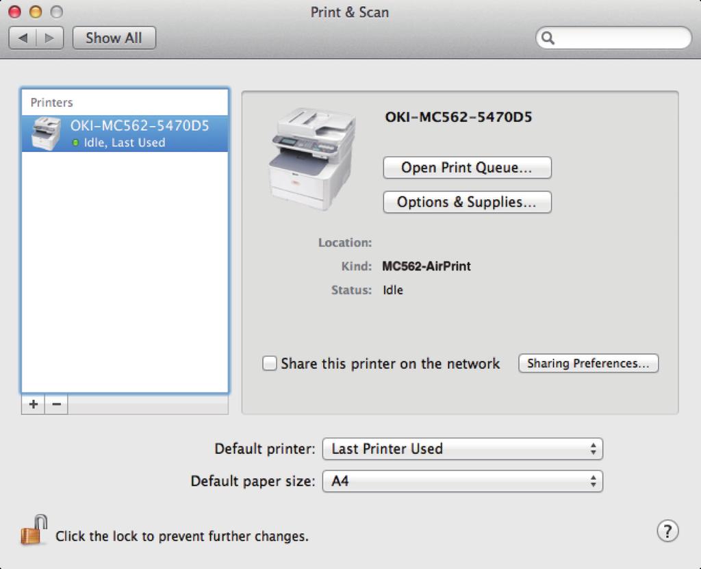 4 Klik op [+] en selecteer [Printer (Printer)] in het pop-up menu. Met MC562, selecteert u de naam van het apparaat, zoals [OKI-MC562-5470D5].