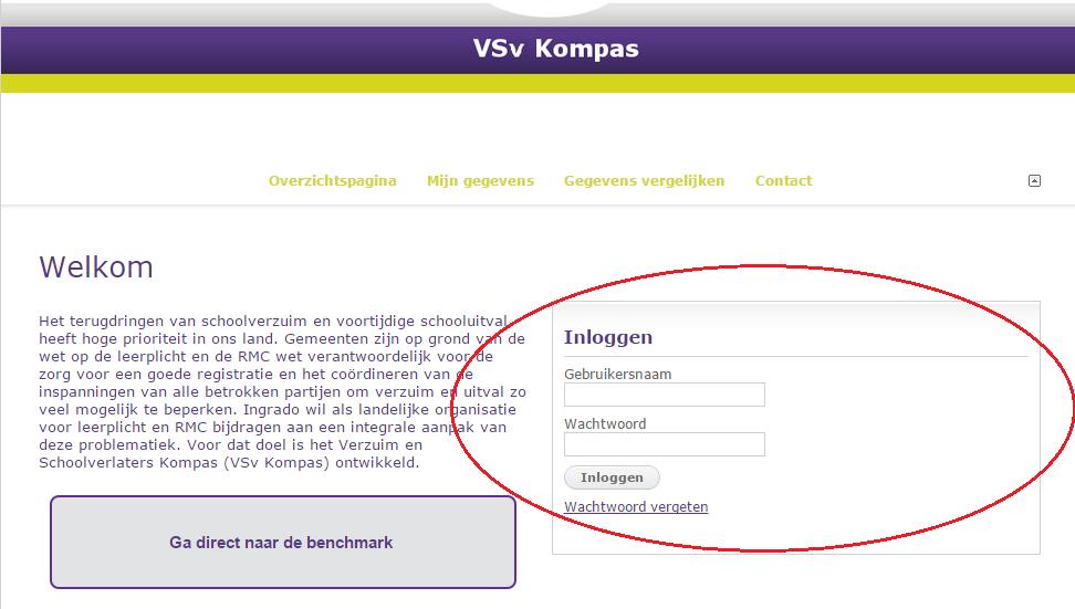 1. Start Ga naar www.vsvkompas.nl. Hier kunt u inloggen om in de besloten benchmark omgeving te komen.
