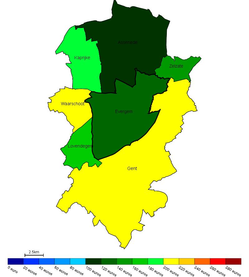 Vastgoed Prijs van bouwgrond in Evergem en omgeving Gemiddelde prijs in e/m 2 van bouwgrond in Evergem en omgeving Bron : Berekeningen van de ADSEI (FOD Economie) op basis