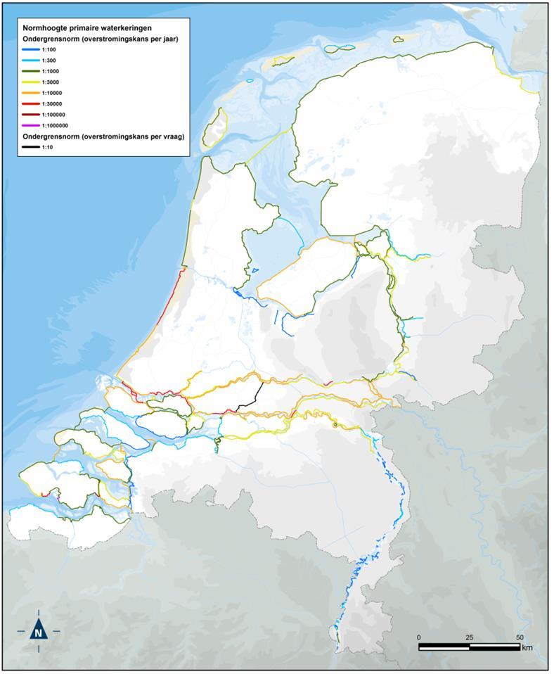 Figuur 1.2 Normfrequenties voor de primaire waterkeringen. Dit betreffen in dit geval de ondergrenzen, i.e. de maximale overstromingskans of faalkans, die hoort bij het beschermingsniveau dat voor het desbetreffende dijktraject toelaatbaar wordt geacht.