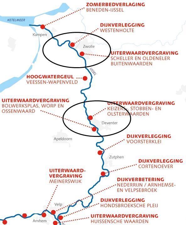 Figuur 2.8 Overzicht van Ruimte voor de Riviermaatregelen langs de IJssel.