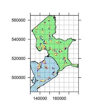 Figuur B4.1 Overzichtskaart van het studiegebied: het IJsselmeer (lichtgroen) en Markermeer (lichtblauw). Gekleurde puntjes geven de startlocaties van alle trekken weer.