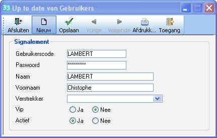 geschrapt) Lambert bijvoorbeeld, maar een andere code mag ook (Vb : Christophe of Cricri, ) Passwoord : Kies een wachtwoord ; 15 karakters max (wordt gevraagd bij elke opening van het programma) Naam