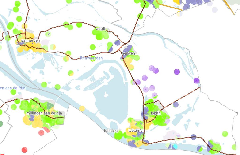 Rijnwaarden De leefstijlkaart Op de kaart is per straat de meest voorkomende leefstijlkleur weergegeven.