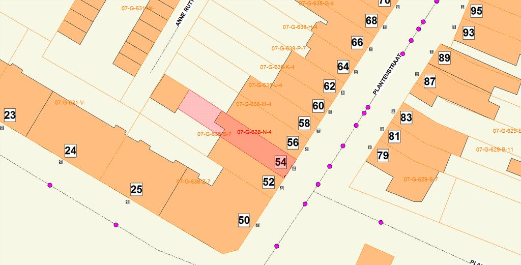 A. LIGGING VAN HET TERREIN Uittreksel uit het plannenregister Kadastrale nummers: Ligging: 07-G-638-N-4 PLANTENSTRAAT 54 3500 HASSELT B. INFORMATIE OPGENOMEN IN HET PLANNENREGISTER B.