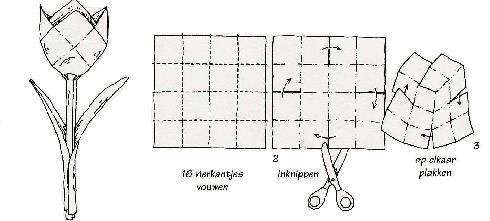 Bloemen vouwen en knippen Een gekleurd vierkant vouwblad wordt op de middellijn dubbel gevouwen (1). Nog eens dubbelvouwen (2), zodat opnieuw een vierkant ontstaat (3).