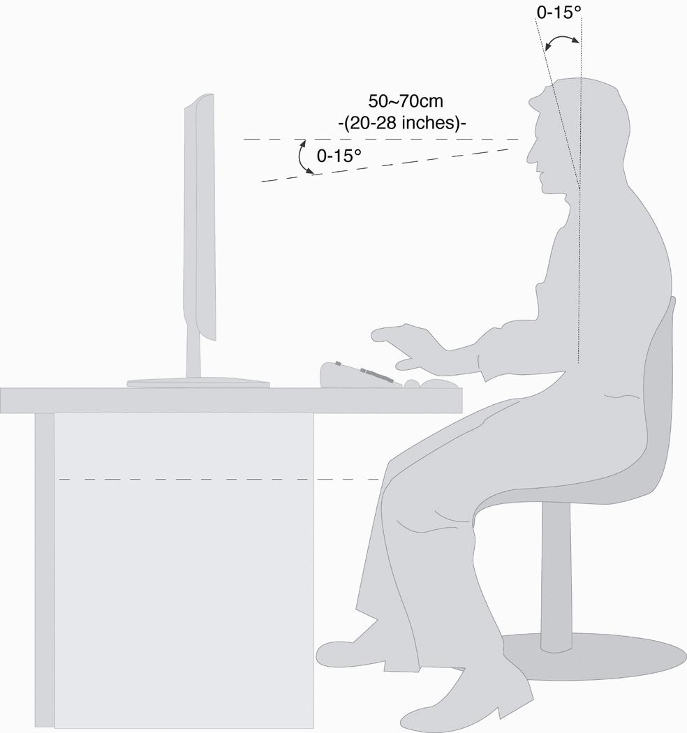 Rug: Als u aan uw bureau zit, moet uw rug gesteund worden door de rugleuning van de stoel, terwijl uw rug recht is of iets naar achteren gebogen.