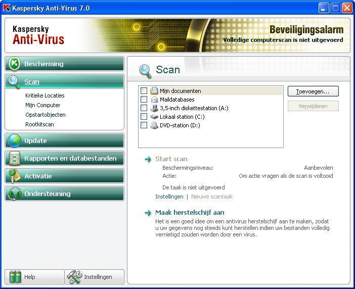 Standaard wil Kasperksy dagelijks een volledige virusscan op uw computer uitvoeren.