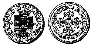 Korte, type Antwerpen 1557-1560 (idem) 95. Duit, Brabant, Antwerpen 1596 (ref. : VH-H 234-1 en VH I 345) 96.
