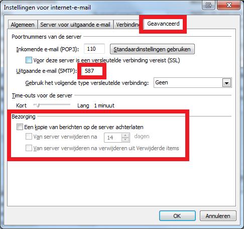 Vink in dit scherm (zie de schermafdruk hierboven) de optie Voor de server voor uitgaande e-mail (SMTP) is verificatie vereist aan; en zorgt dat de optie Dezelfde instellingen gebruiken als voor