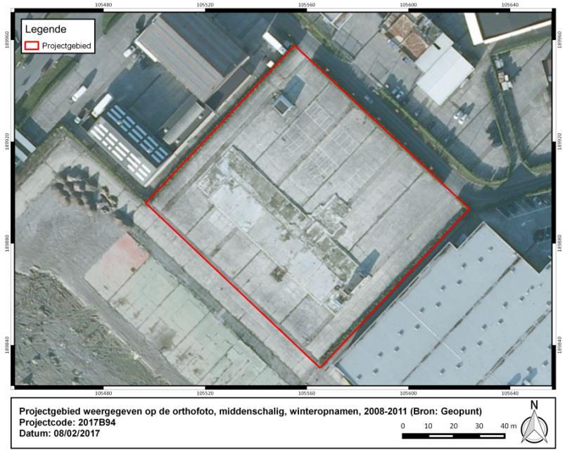 Projectgebied weergegeven op de orthofoto, middenschalig,