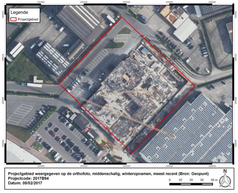 Figuur 16: Projectgebied weergegeven op de orthofoto, middenschalig,