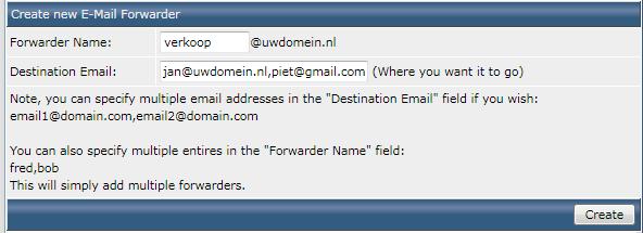 Een forwarder/alias aanmaken Een e-mail forwarder, of alias, is handig als u meerdere gebruikersnamen wilt koppelen aan één of meerdere mailboxen. Bijvoorbeeld info@uwdomein.