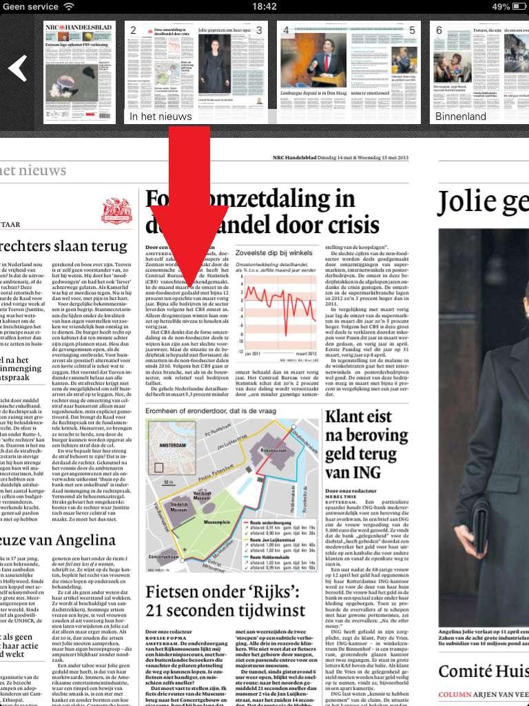 Tijdens het lezen van de krant kunt u telkens de balk voor snelle navigatie terughalen door naar beneden over het scherm te vegen, of