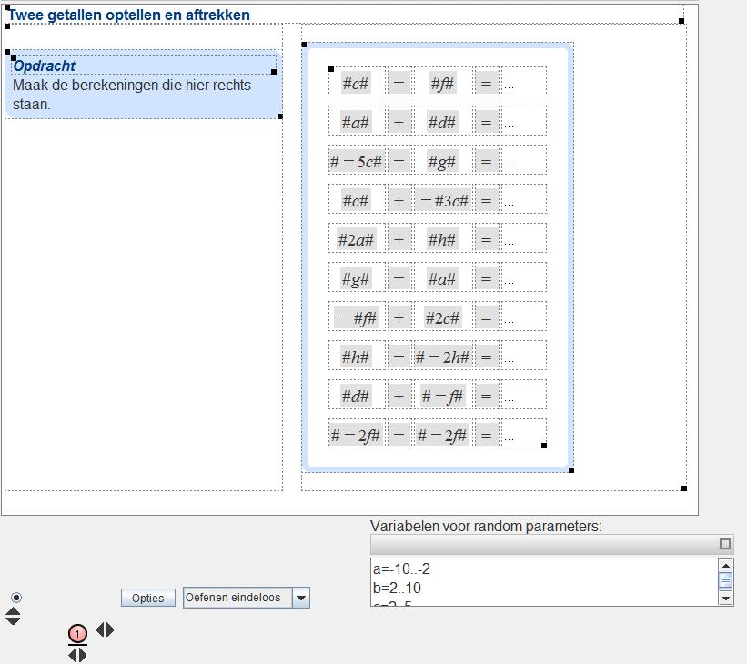 In de bewerk modus: Allereerst ziet u dat voor deze pagina random variabelen zijn gebruikt. De opdrachten staan in een tekstvak met meerdere rijen.