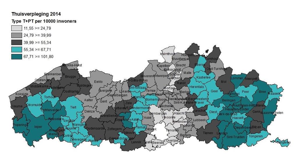 GESTANDAARDISEERD AANTAL HYGIENISCHE ZORGFORFAITS (TYPE T en PT) (PER 10.