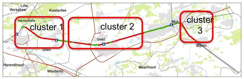 Figuur 1: situering clusters fietsostrade Herentals - Balen Cluster 2 Op de intergemeentelijke begeleidingscommissie (IGBC) van Geel en Mol en de regionale mobiliteitscommissie (RMC) is consensus