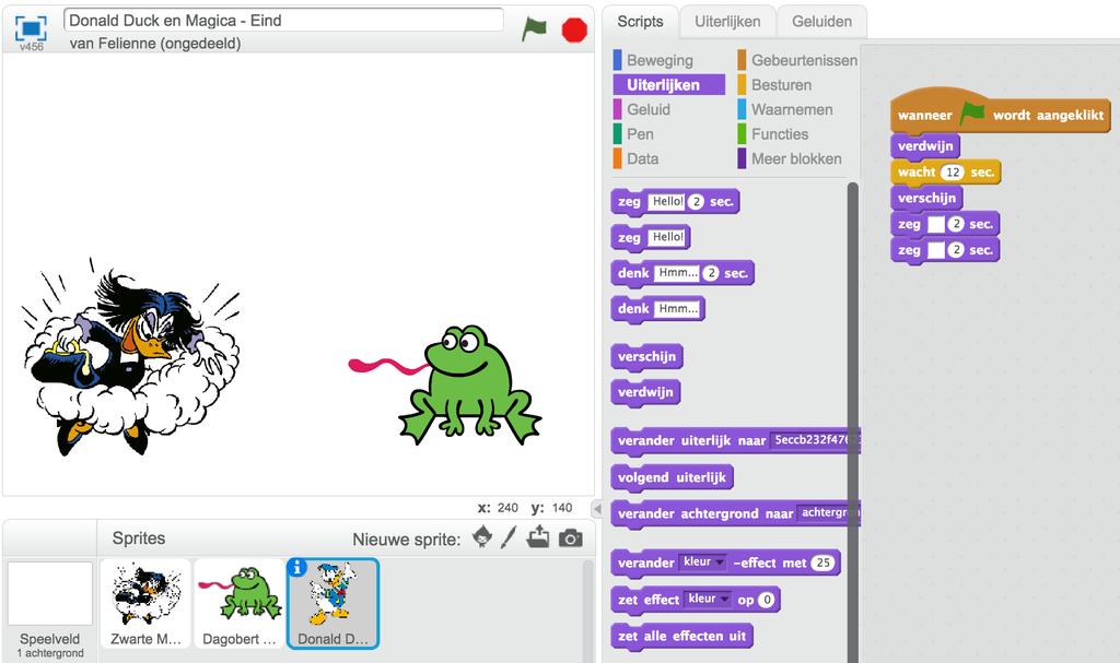 Daar is Donald Nu komt de echte Donald Duck binnen in het verhaal. Dat gaan we in Scratch ook maken.