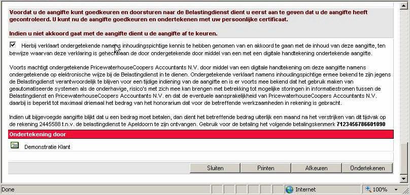 U kunt nu de aangifte beoordelen/controleren. U kunt eventuele opmerkingen van de accountant bekijken en de aangifte downloaden. Dit doet u door te klikken op het linkje achter het kopje [Document].