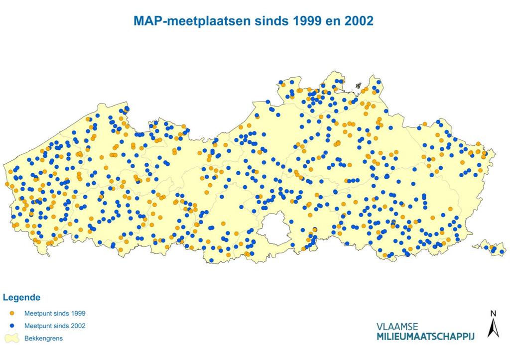 1 HET MAP-MEETNET OPPERVLAKTEWATER In 1999 bouwde de Vlaamse Milieumaatschappij (VMM) haar oppervlaktewatermeetnet verder uit met specifieke meetpunten voor de landbouw.