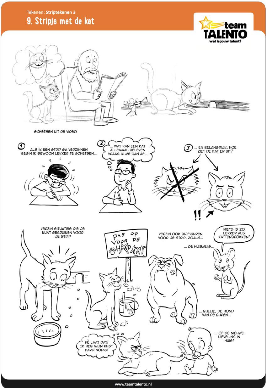 Les 9: Stripje met een kat gaat nog even verder met de kat uit les 8. Wat voor avonturen kan deze kat beleven? Gebruik je fantasie en ga gewoon tekenen.