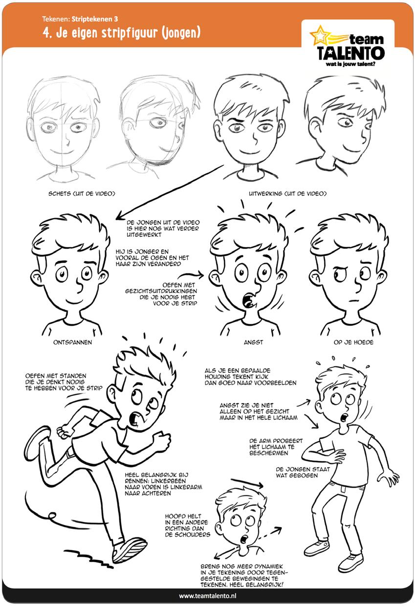 Les 4: Je eigen stripfiguur In het stripverhaal heb je een hoofdpersoon nodig. laat zien hoe hij een hoofdpersoon gaat tekenen. werkt twee hoofdpersonen schetsend uit; een jongen en een meisje.
