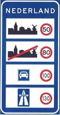 Dit bord vormt in feite een beknopte samenvatting van de wet- en regelgeving op het gebied van maximumsnelheden voor het autoverkeer in Nederland.