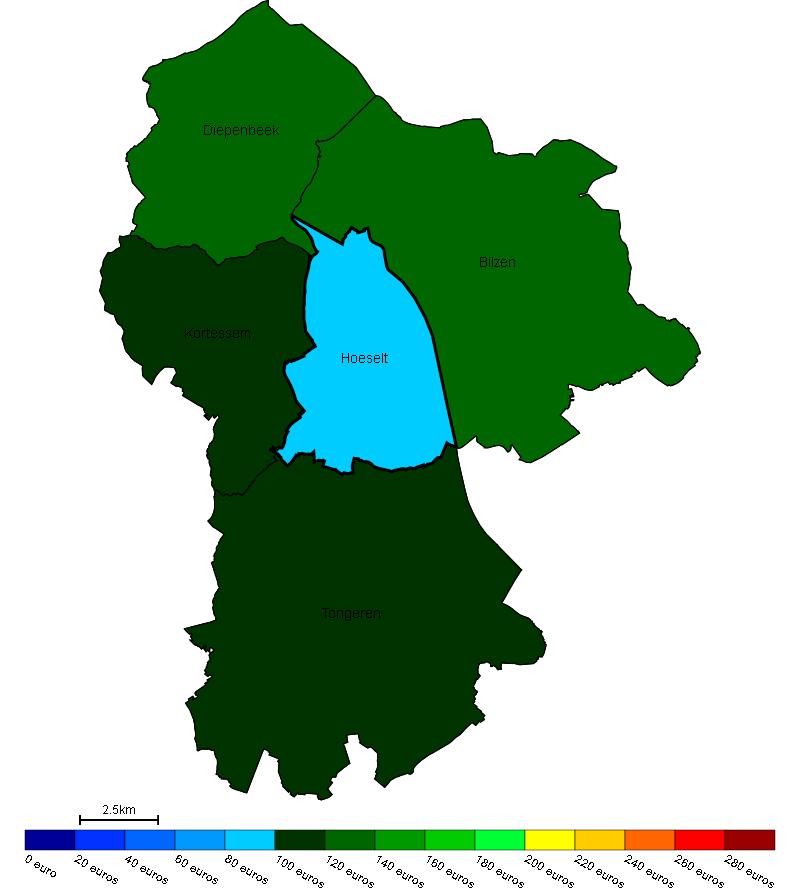 Vastgoed Prijs van bouwgrond in Hoeselt en omgeving Gemiddelde prijs in e/m 2 van bouwgrond in Hoeselt en omgeving Bron : Berekeningen van de ADSEI (FOD Economie) op basis