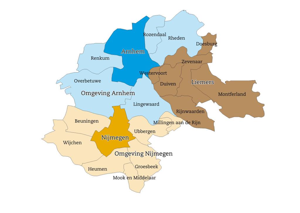 27-1- Introductie Regionale indeling (I) Binnen het onderzoek wordt onderscheid gemaakt naar de vijf deelregio s: - Liemers - Arnhem - Omgeving Arnhem -