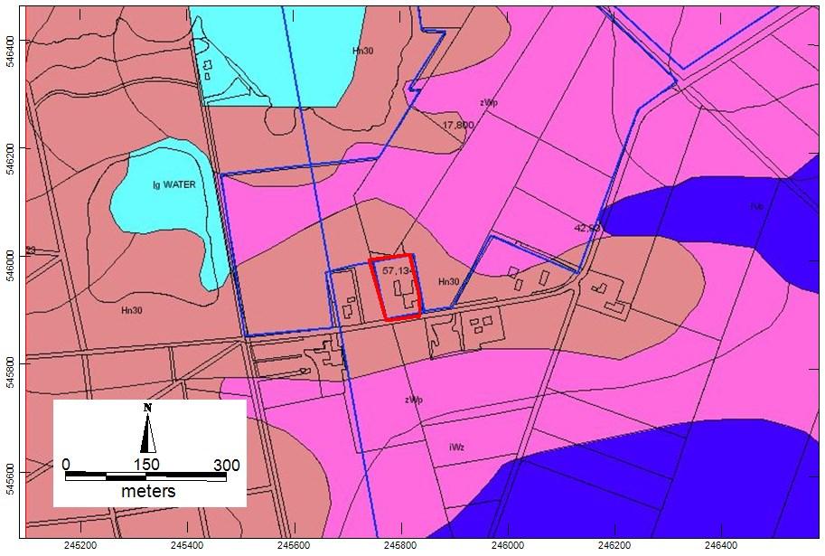 Afbeelding 4: Bodemkaart van het plangebied. 7 Podzolgronden roze; moerige gronden paars en veengronden blauw. 3.