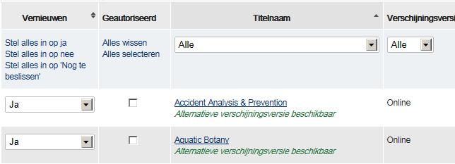 U kunt op een kolomnaam klikken om de waardes in de kolom op- of aflopend te sorteren.