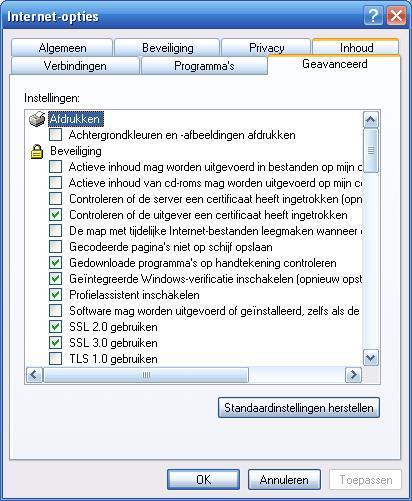 Internet-opties. Ga naar tabblad Geavanceerd.
