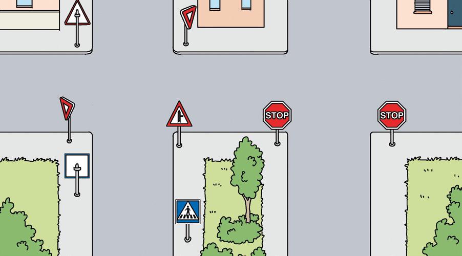 3 Tekens tekenen In deze tekening staan geen verkeerstekens op het wegdek. Teken ze op de juiste plek. 4 Wat hoort bij elkaar? a. Welke zin hoort bij welk teken?