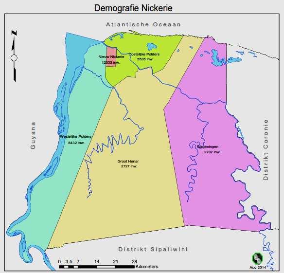 III. NICKERIE 1. GEOGRAFIE Het district Nickerie is in het noorden gelegen tussen de 5,24 en 5,90 noorderbreedte (NB) en in het westen tussen de 57,32 en 56,43 westerleng te (WL).