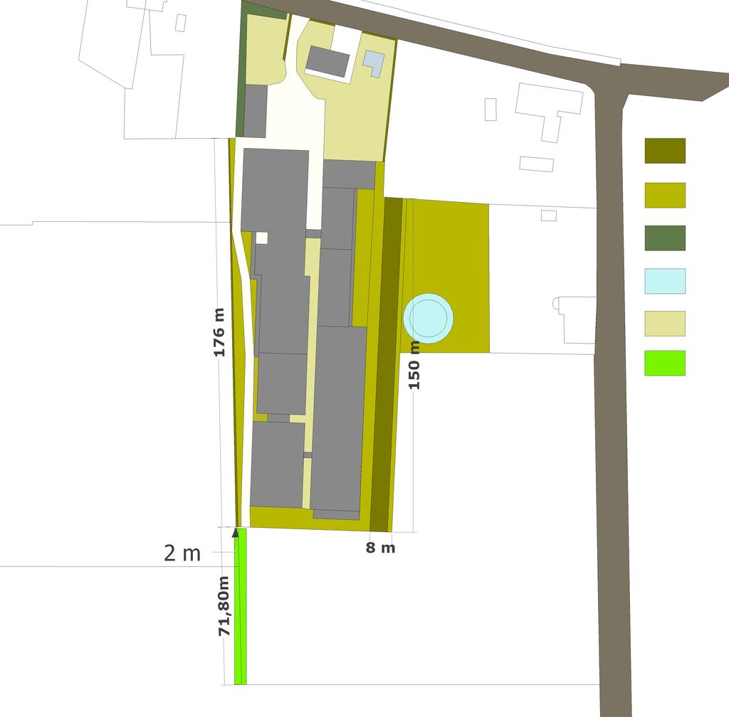 MATENPLAN Hakhoutsingel en bomenrij. 1500 m2 Bloemrijk grasland. 4370 m2 Singel bestaande beplanting. 300 m2 WADI met natuulijke oevers.