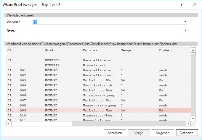 Hierin moet worden aangegeven hoe de data vanuit EXCEL moet worden overgenomen in GwwCalc: In dit eerste