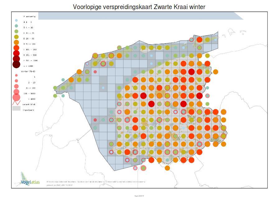 Bron: www.sovon.nl/vogelatlas Volgens Vogel e.a, 2013 is de indicatieve staat van instandhouding (i-svi) van de zwarte kraai als broedvogel gunstig; als niet-broedvogel is deze niet bepaald.