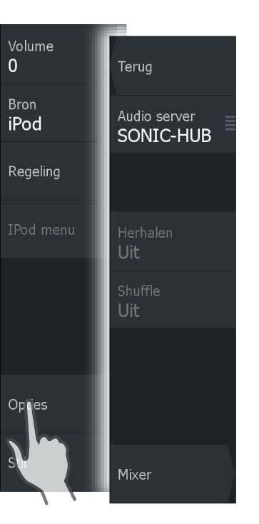 Een voorbeeld van een USB Apparaat verkenner: Audio opties Gebruik het menu Opties om nummers of albums te herhalen of in willekeurige volgorde af te spelen en de Mixer te openen.