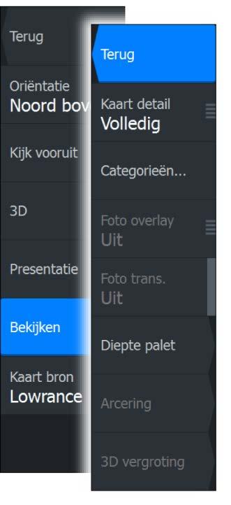 Weergaveopties Insight en C-MAP Kaart detail Volledig Alle informatie die beschikbaar is voor de gebruikte kaart. Medium Minimale informatie, voldoende voor navigatie.