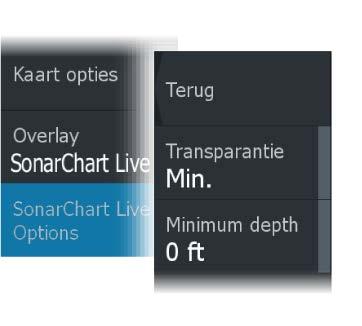 Transparantie De SonarChart Live-overlay wordt weergegeven boven op andere kaartgegevens. Bij minimale transparantie zijn de kaartgegevens volledig bedekt.